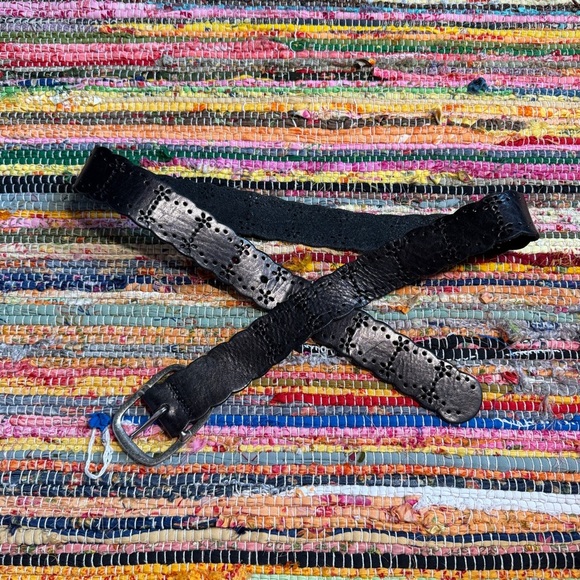 Vintage Black Perforated Leather Belt with Silver Buckle – 37” Max Waist - Picture 2 of 4